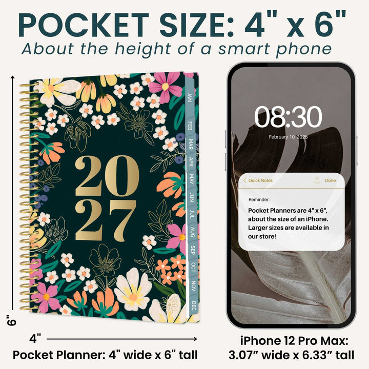 Mockup showing a 4 x 6 pocket planner next to an iphone to show the small size.