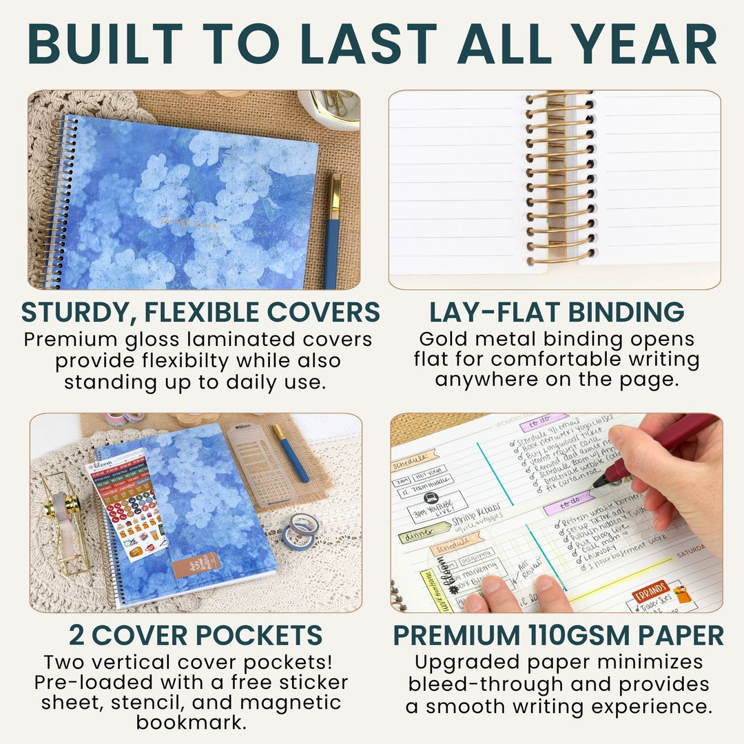 A 2x2 infographic showing the features of a spiral-bound notebook with a blue floral cover. The top-left panel shows the notebook on a desk with a pen and mug, labeled 'STURDY, FLEXIBLE COVERS'.
