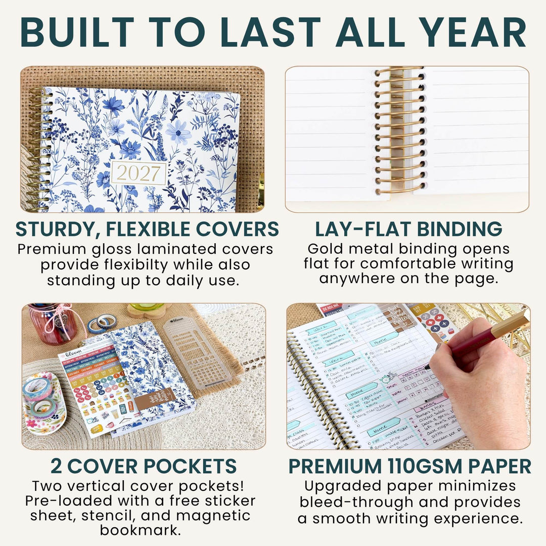 A four-panel promotional graphic for a planner or notebook with floral cover options. The headline reads 'BUILT TO LAST ALL YEAR.