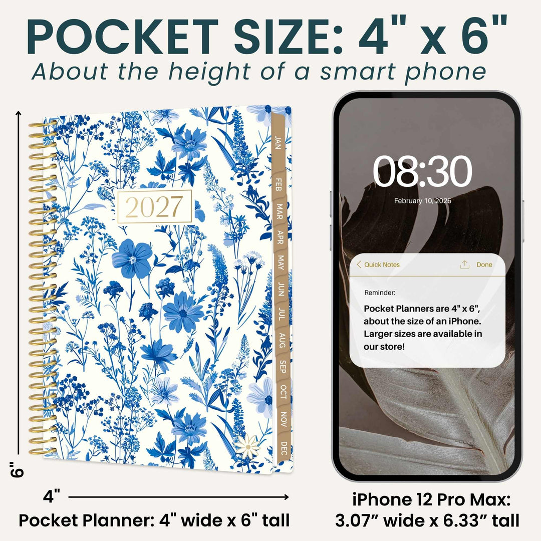 A pocket size 2027 planner with a blue floral pattern on a white background, shown next to an iPhone 12 Pro Max for size comparison. The image includes text detailing the pocket size measurements of 4" x 6" and dimensions.