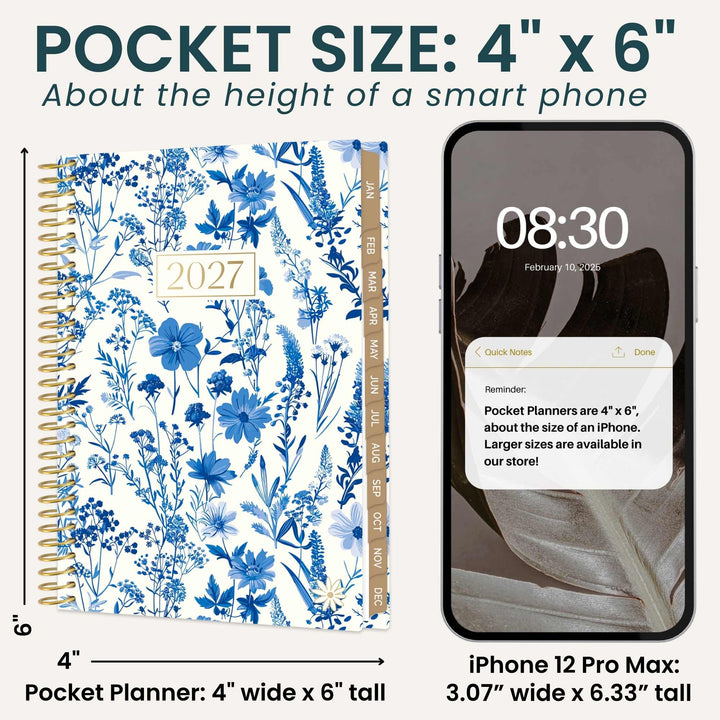 A pocket size 2027 planner with a blue floral pattern on a white background, shown next to an iPhone 12 Pro Max for size comparison. The image includes text detailing the pocket size measurements of 4" x 6" and dimensions.