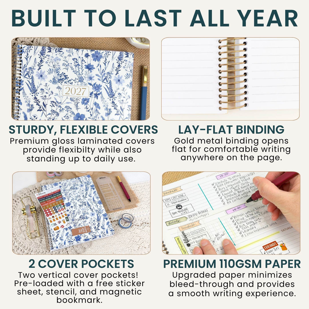 A 2x2 infographic showing a floral-patterned planner notebook with text callouts: 'Built to Last All Year,' 'Sturdy, Flexible Covers,' 'Lay-Flat Binding,' '2 Cover Pockets,' and 'Premium 110GSM Paper.' A hand is visible holding the open notebook in the bottom-right panel, so this is not a pure studio product shot.