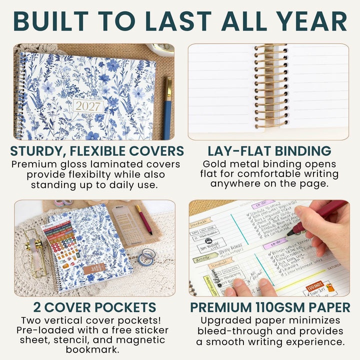 A 2x2 infographic showing a floral-patterned planner notebook with text callouts: 'Built to Last All Year,' 'Sturdy, Flexible Covers,' 'Lay-Flat Binding,' '2 Cover Pockets,' and 'Premium 110GSM Paper.' A hand is visible holding the open notebook in the bottom-right panel, so this is not a pure studio product shot.