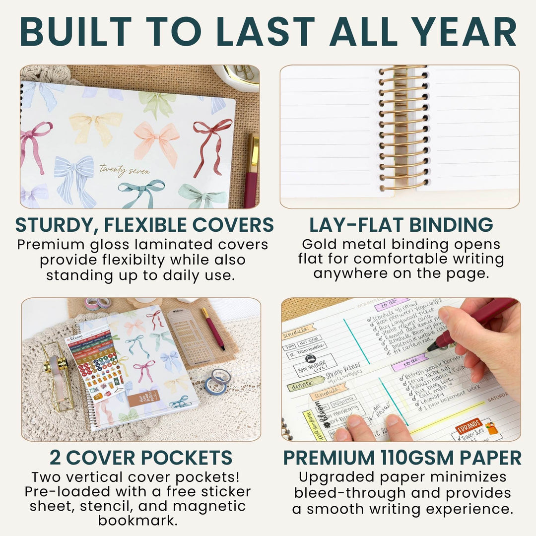 A promotional infographic for a notebook with the headline 'BUILT TO LAST ALL YEAR.' The layout shows four feature callouts with photos and text: sturdy flexible covers, lay-flat binding, two cover pockets with a sticker sheet and pen, and premium 110 GSM paper.
