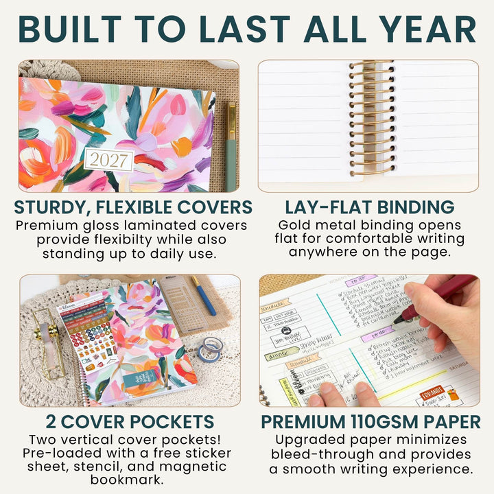 A 2x2 infographic showing features of a floral planner set: a colorful floral cover with a 2027 date, a gold spiral binder, two cover pockets with a sticker sheet and pen, and premium 110 GSM paper with a hand writing in a planner page. Text at the top reads 'BUILT TO LAST ALL YEAR'.