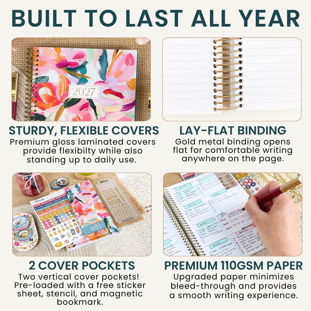 A 2x2 promotional infographic for a planner notebook, showing four feature callouts: a colorful floral 2027 cover, a gold spiral binding opening flat, sticker sheets and a free sticker sheet, and a hand writing in a premium 110GSM paper notebook. The headline reads 'BUILT TO LAST ALL YEAR'.