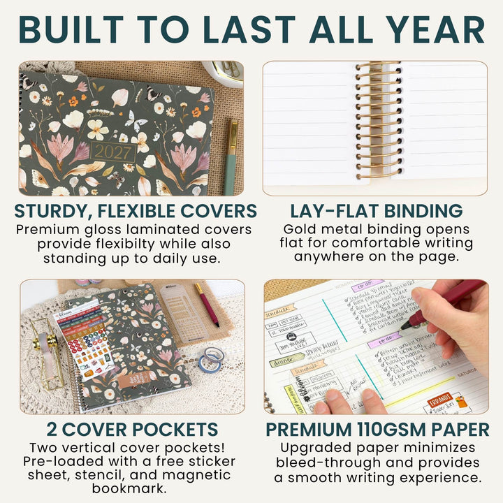 A 2x2 infographic detailing the features of a floral-patterned planner cover. The top-left panel shows the cover standing up on a surface, labeled 'STURDY, FLEXIBLE COVERS'.