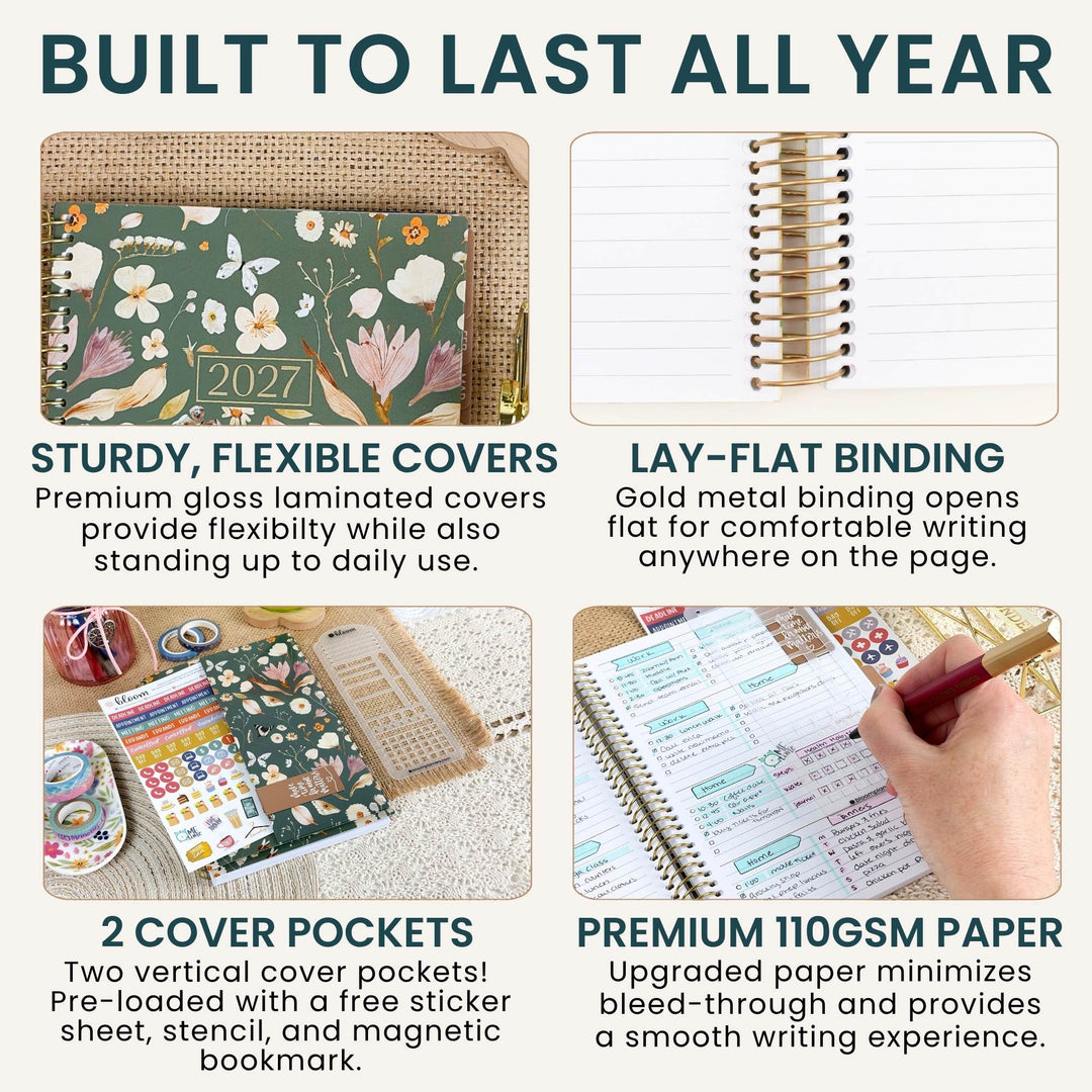A 2x2 promotional infographic for a planner cover set, with the headline 'BUILT TO LAST ALL YEAR' at the top. The four panels show: a floral-patterned cover labeled 2027, a gold spiral binder ring on lined paper, two cover pockets with stickers and a pen, and a hand writing in a notebook.
