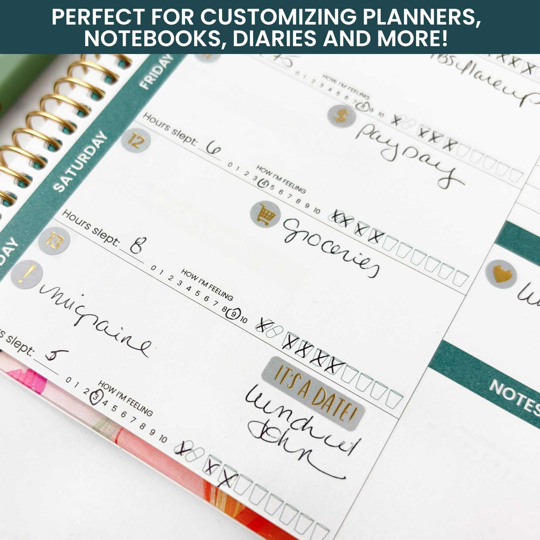 Close-up of a planner with handwritten notes and categorizations on a white background.