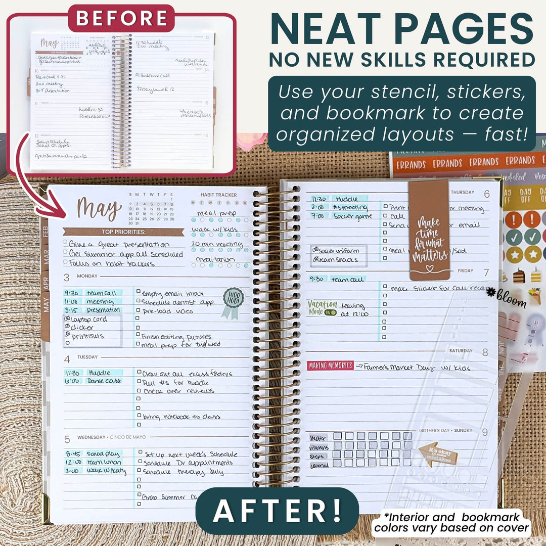 A promotional comparison graphic for a planner cover or planner insert set, showing a 'BEFORE' open planner page on the left and an 'AFTER' open planner page on the right with stickers and neat layouts. Large text reads 'NEAT PAGES NO NEW SKILLS REQUIRED' and 'AFTER!'.
