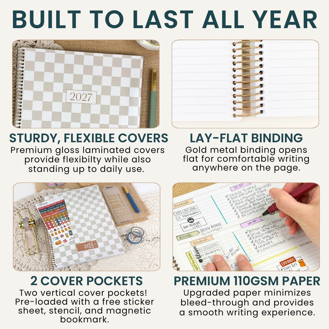 A 2x2 infographic detailing the features of a 2027 planner, with the headline 'BUILT TO LAST ALL YEAR' at the top. The features shown are: Sturdy, flexible covers; Lay-flat binding; 2 cover pockets with a free sticker sheet, stencil, and magnetic bookmark; and premium 110GSM paper that minimizes bleed-through.