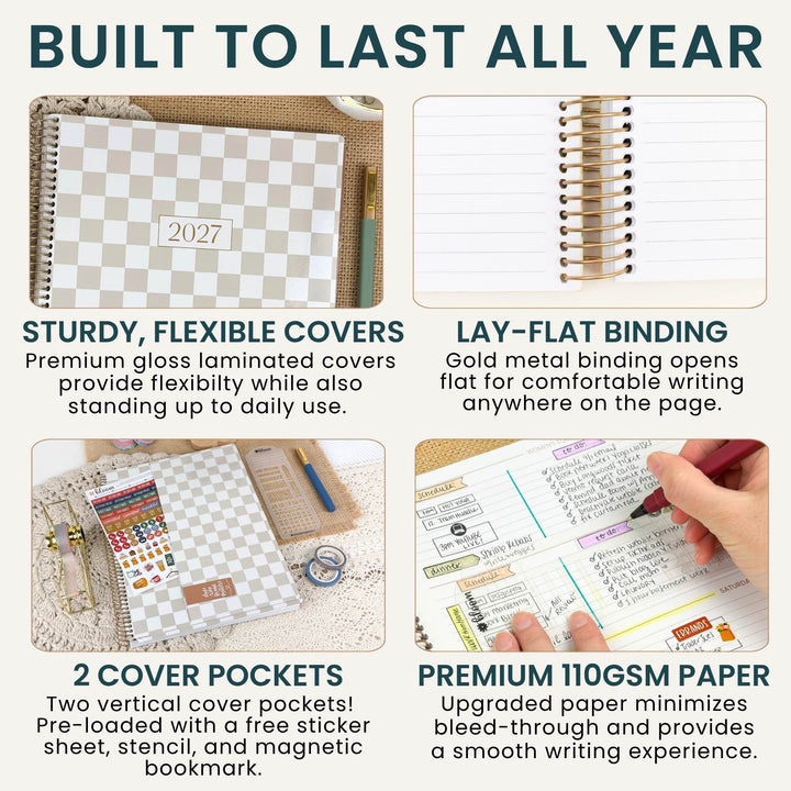 A 2x2 infographic detailing the features of a 2027 planner, with the headline 'BUILT TO LAST ALL YEAR' at the top. The features shown are: Sturdy, flexible covers; Lay-flat binding; 2 cover pockets with a free sticker sheet, stencil, and magnetic bookmark; and premium 110GSM paper that minimizes bleed-through.