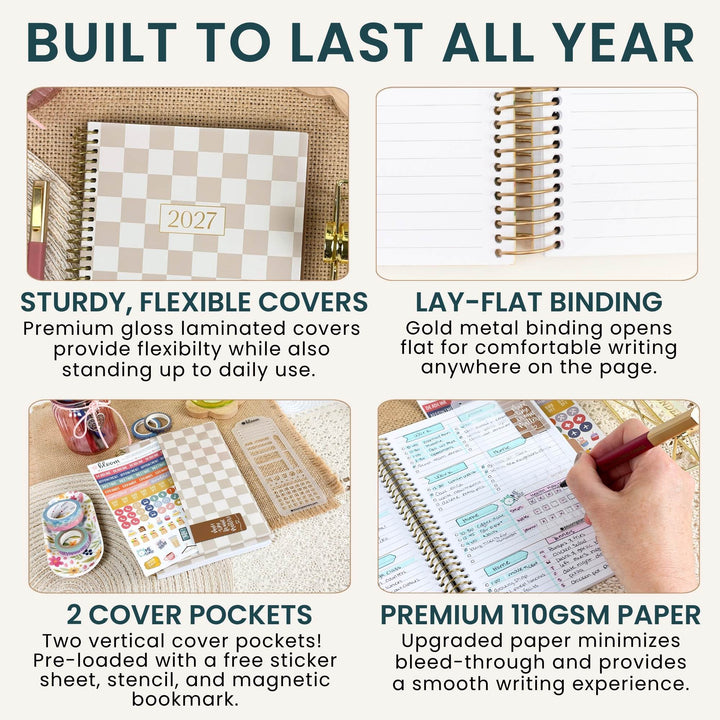 A 2x2 infographic showing features of a planner: 'BUILT TO LAST ALL YEAR' with four panels demonstrating a spiral-bound planner with a checkered cover, gold metal binding, sticker sheets, and a hand writing on premium paper.