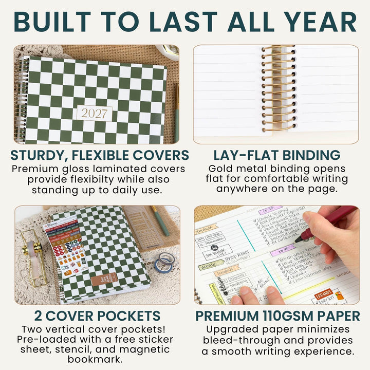 A 2x2 infographic detailing the features of a spiral-bound planner. The top-left panel shows a green and white checkered cover with the year 2027 on it, labeled 'STURDY, FLEXIBLE COVERS'.