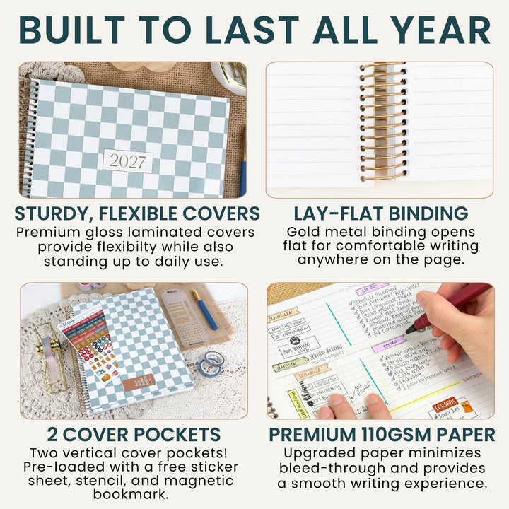 A four-panel promotional graphic for a spiral notebook with a blue-and-white checkered cover. The headline reads 'BUILT TO LAST ALL YEAR,' and the panels show the notebook cover, the spiral binding opening flat, two cover pockets, and premium paper with a hand writing in one corner.