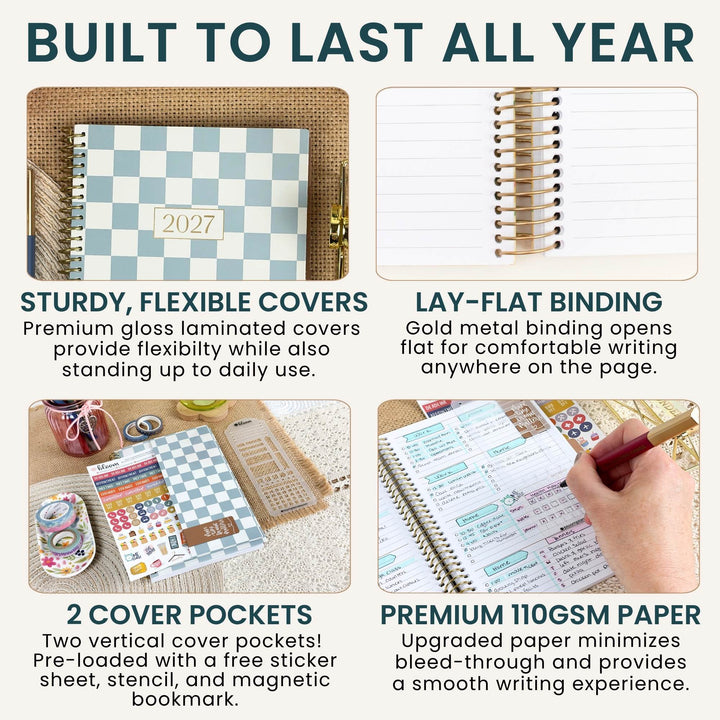 A 2x2 promotional infographic for a spiral notebook, featuring the headline 'BUILT TO LAST ALL YEAR' and four feature panels: a checkered cover, gold spiral binding, sticker sheet and cover pockets, and premium paper with a hand writing.