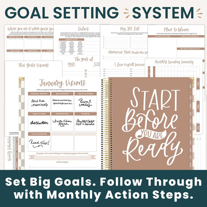 Goal setting system planner bundle featuring a large spiral-bound notebook with the phrase 'START Before YOU Are Ready' in white script on a dusty rose cover, surrounded by matching printable planner pages and worksheets. The image includes dark teal banners at the top and bottom with white text reading 'GOAL SETTING SYSTEM' and 'Set Big Goals.
