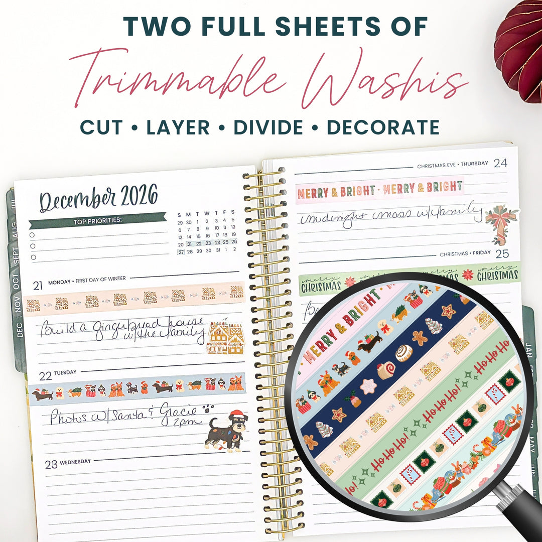 Two full sheets of removable washi stickers for planners with holiday designs