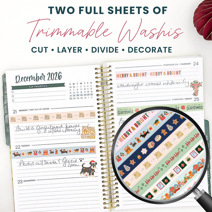 Two full sheets of removable washi stickers for planners with holiday designs