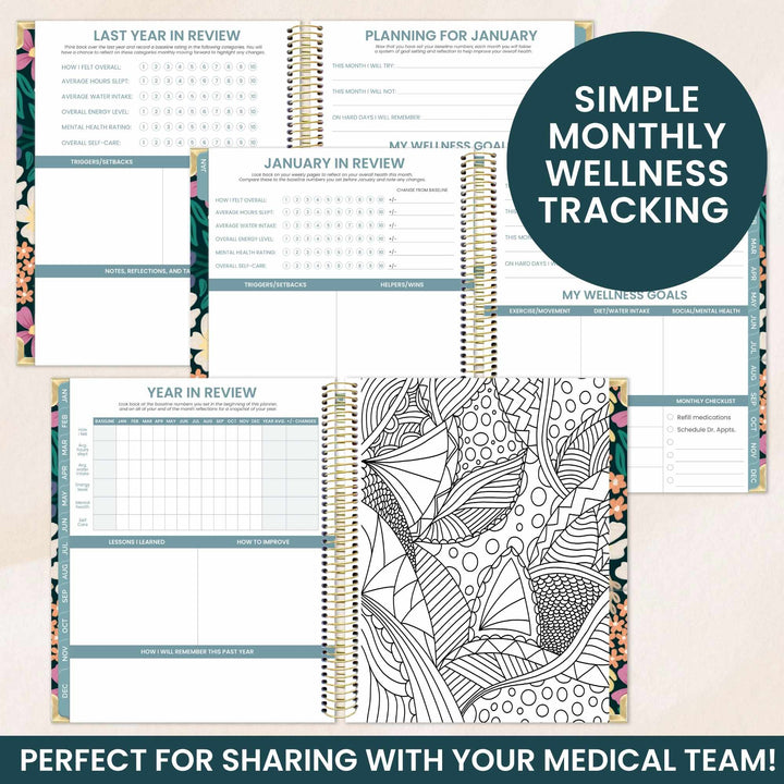 Wellness tracking planner with various pages and a coloring page on a light background.