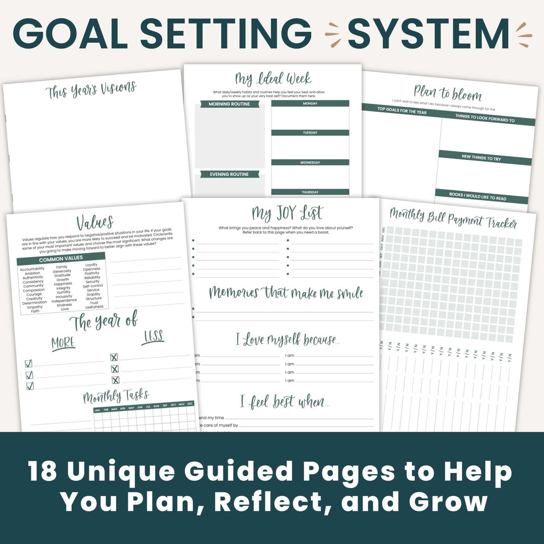 A promotional collage for a goal-setting planner system, showing multiple printed worksheet pages with headings like 'Goal Setting System,' 'This Year's Vision,' 'My Ideal Week,' 'Plan to Blossom,' 'Values,' 'The Year of Me,' 'Memories that make me smile,' 'My JOY List,' and 'Monthly Bill Payment Tracker.' Large text at the bottom reads '18 Unique Guided Pages to Help You Plan, Reflect, and Grow.