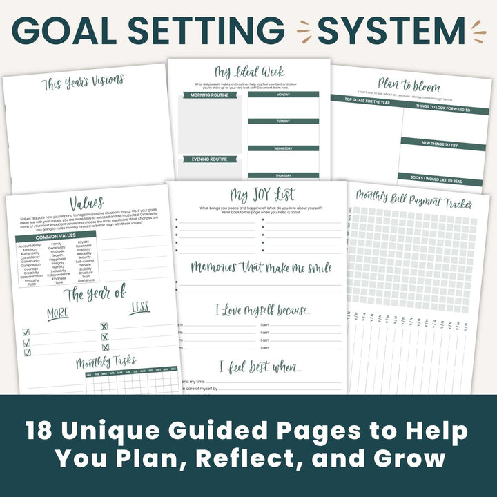 A promotional collage for a goal-setting planner system, showing multiple printed worksheet pages with headings like 'Goal Setting System,' 'This Year's Vision,' 'My Ideal Week,' 'Plan to Blossom,' 'Values,' 'The Year of Me,' 'Memories that make me smile,' 'My JOY List,' and 'Monthly Bill Payment Tracker.' Large text at the bottom reads '18 Unique Guided Pages to Help You Plan, Reflect, and Grow.