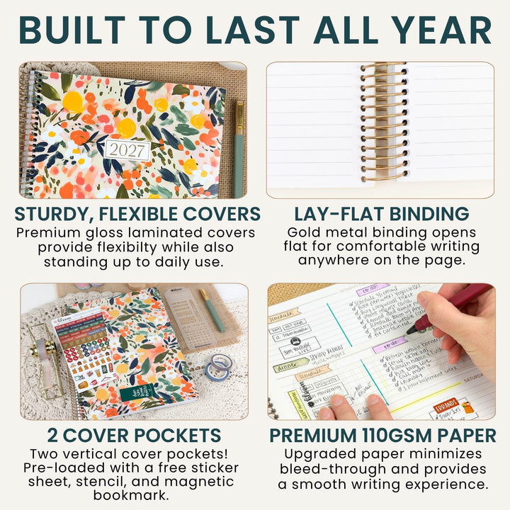A 2x2 infographic showing the features of a floral planner notebook. The top-left panel shows the notebook cover with a floral pattern and the year 2027.