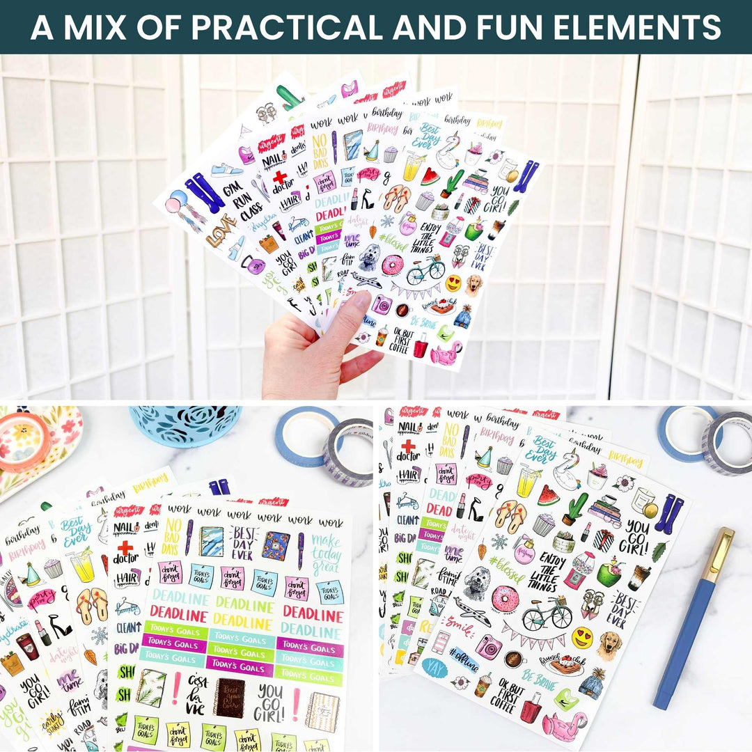 Collection of colorful planner stickers with practical and fun elements on a white surface.