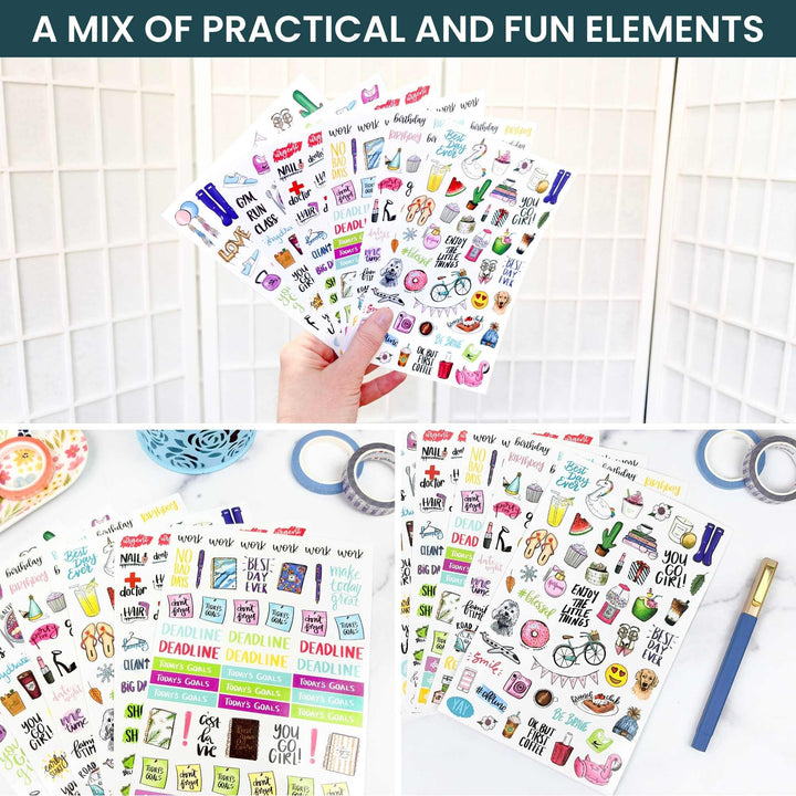 Collection of colorful planner stickers with practical and fun elements on a white surface.