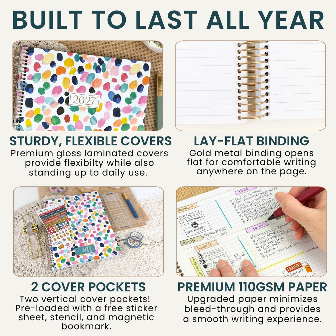 A promotional infographic for a 2027 planner, showing the front cover with colorful polka dots, gold spiral binding, two cover pockets, and a close-up of the interior lined pages. Text highlights features like sturdy flexible covers, lay-flat binding, two cover pockets, and premium 110 GSM paper.