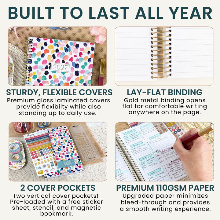 A 2x2 promotional infographic for a planner notebook, showing close-up product photos and text callouts: 'Built to Last All Year.' The top-left panel shows a colorful patterned cover; the top-right shows lined pages with gold spiral binding; the bottom-left shows two cover pockets and sticker supplies; the bottom-right shows a hand writing in a notebook on premium paper.