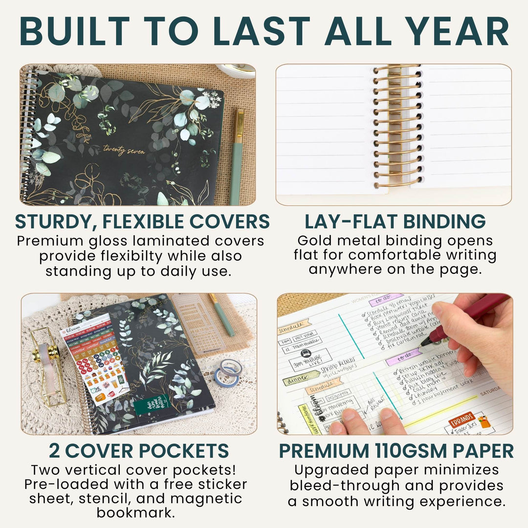 A 2x2 infographic showing the features of a floral planner notebook. The top-left panel shows the notebook closed with a black floral cover and gold botanical line art, labeled 'STURDY, FLEXIBLE COVERS'.