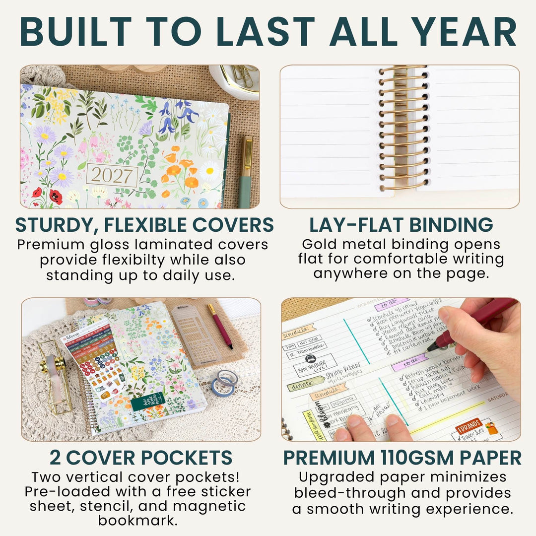 A 4-panel infographic showcasing features of a premium planner or notebook set. The panels include a floral-patterned cover with a 2023 date, a gold spiral-bound lined notebook, a sticker sheet and pen in a cover pocket, and a hand writing in a bleed-through lined page on 110 GSM paper.