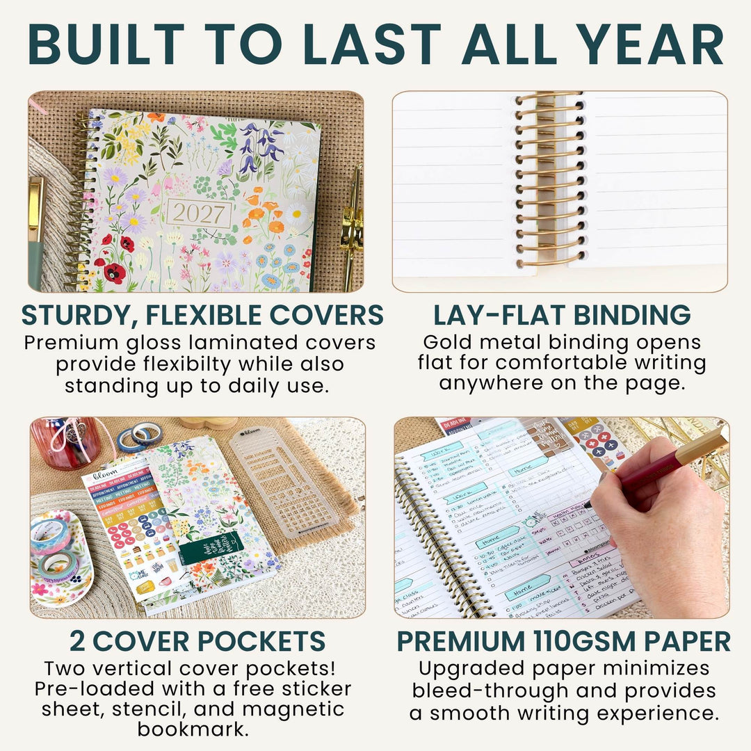 A 2x2 promotional infographic for a planner notebook, showing close-up product photos and feature callouts. The top text reads 'BUILT TO LAST ALL YEAR.