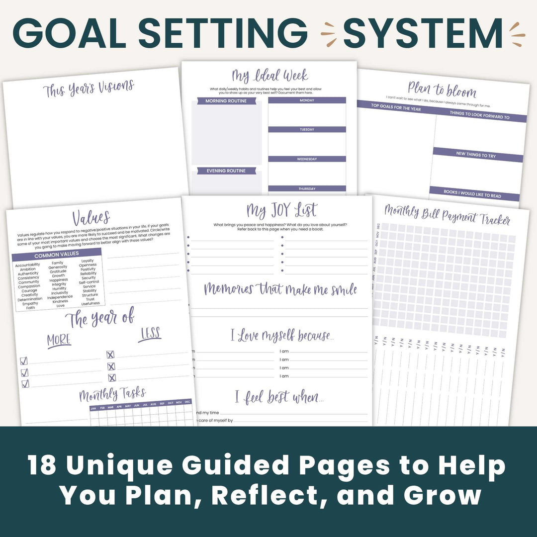 A promotional graphic for a goal-setting system bundle, showing multiple printable planner pages with dark teal and lavender text and headers on a white background. Large text at the top reads 'GOAL SETTING SYSTEM' and text at the bottom reads '18 Unique Guided Pages to Help You Plan, Reflect, and Grow'.