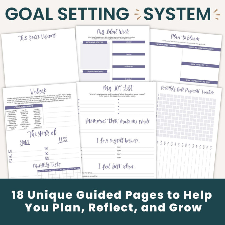 A promotional graphic for a goal-setting system bundle, showing multiple printable planner pages with dark teal and lavender text and headers on a white background. Large text at the top reads 'GOAL SETTING SYSTEM' and text at the bottom reads '18 Unique Guided Pages to Help You Plan, Reflect, and Grow'.