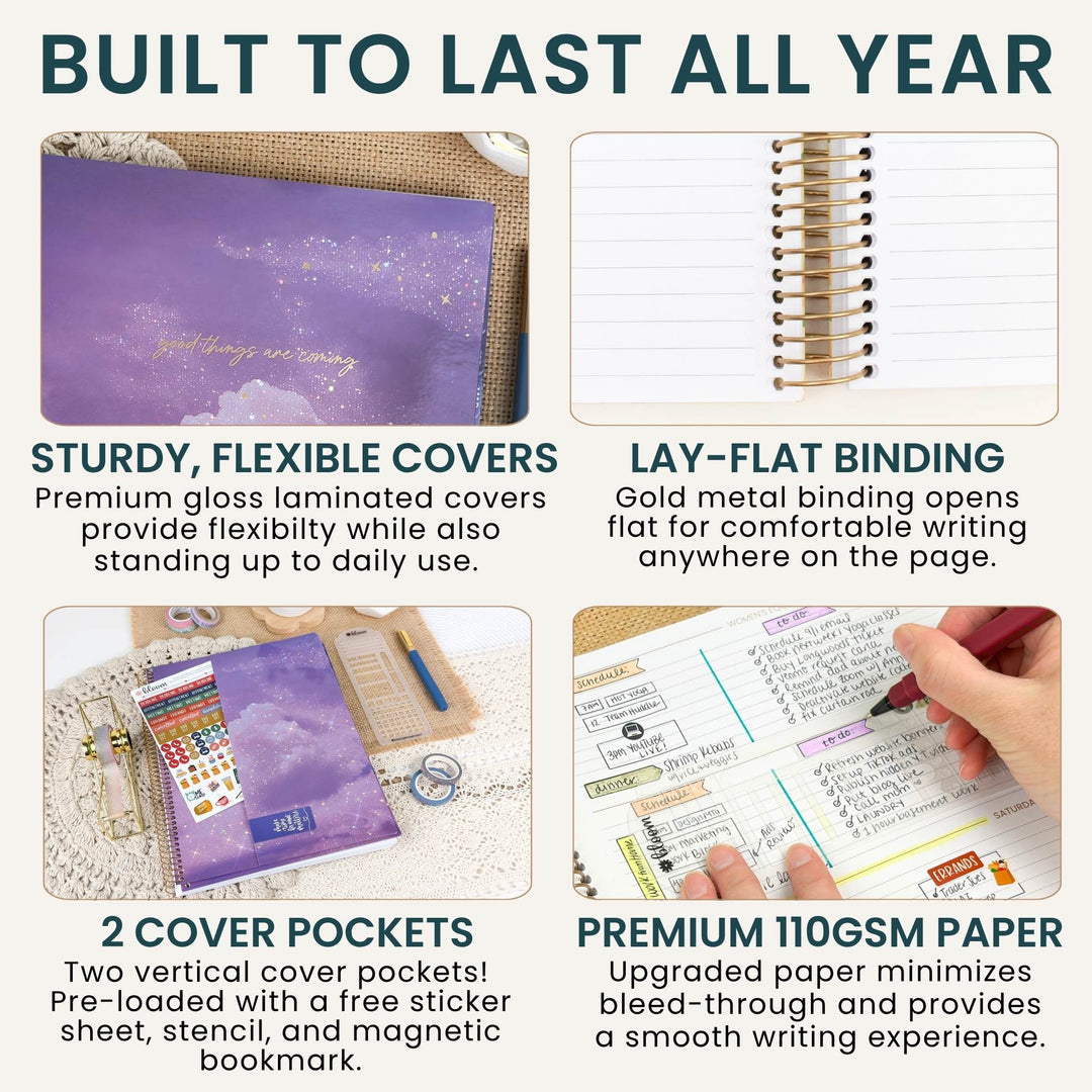 A 2x2 infographic detailing the features of a purple planner with a gold spiral binding. The text highlights 'BUILT TO LAST ALL YEAR' and lists features such as 'STURDY, FLEXIBLE COVERS', 'LAY-FLAT BINDING', '2 COVER POCKETS', and 'PREMIUM 110GSM PAPER' with corresponding visual demonstrations.