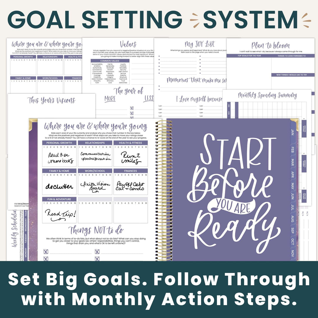 Goal setting system planner and tracker sheets shown in a collage layout, with a large purple cover page reading 'START Before YOU ARE Ready' and white text banners at top and bottom.