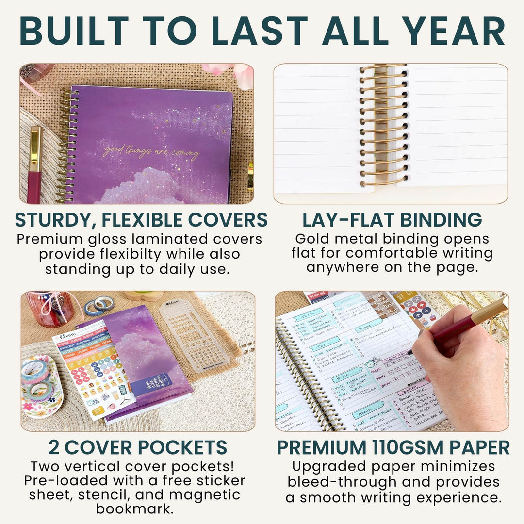 A 2x2 promotional infographic for a planner notebook, featuring four feature callouts: 'BUILT TO LAST ALL YEAR' at the top, followed by 'STURDY, FLEXIBLE COVERS,' 'LAY-FLAT BINDING,' '2 COVER POCKETS,' and 'PREMIUM 110GSM PAPER.' The collage includes product photos of the notebook with a purple glitter cover, gold spiral binding, sticker sheets, and a hand writing in the notebook.