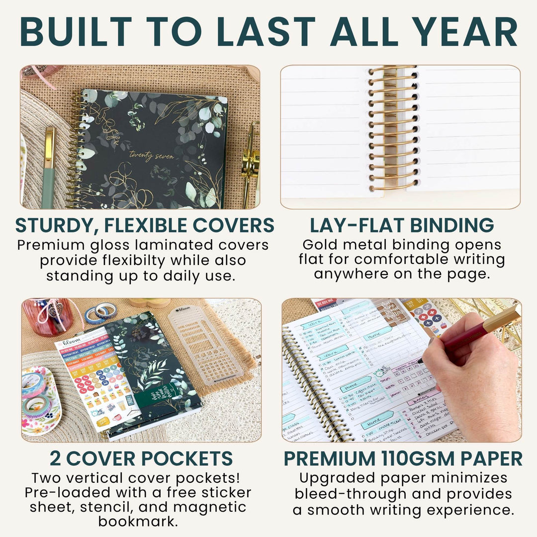 Eucalyptus soft cover planner showing lay-flat gold binding and cover pockets
