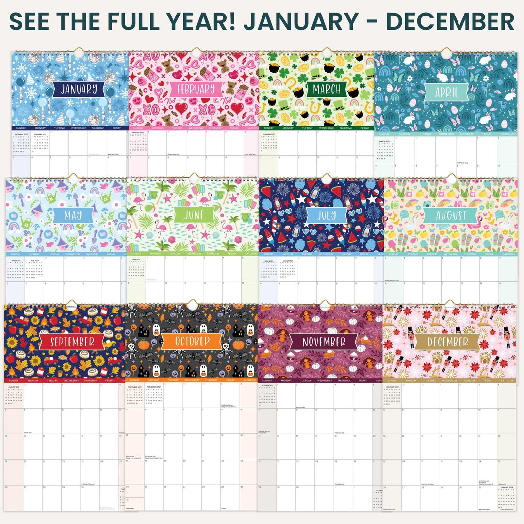 Multicolored monthly calendar layout for January to December with various designs.
