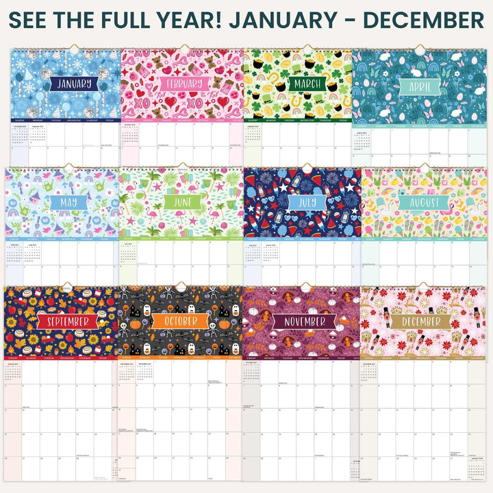 Multicolored monthly calendar layout for January to December with various designs.