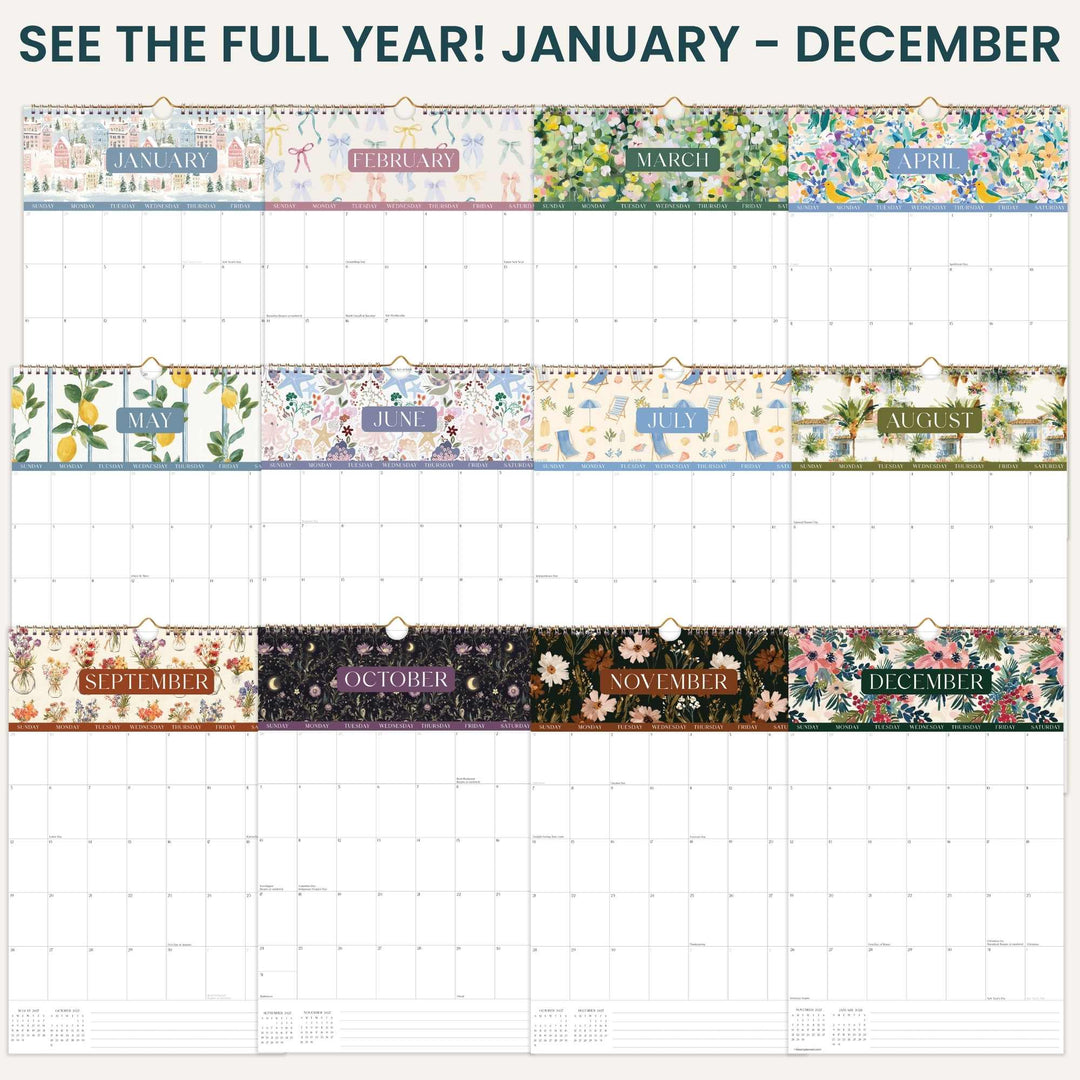Floral-themed calendar strip with months from January to December on a white background.