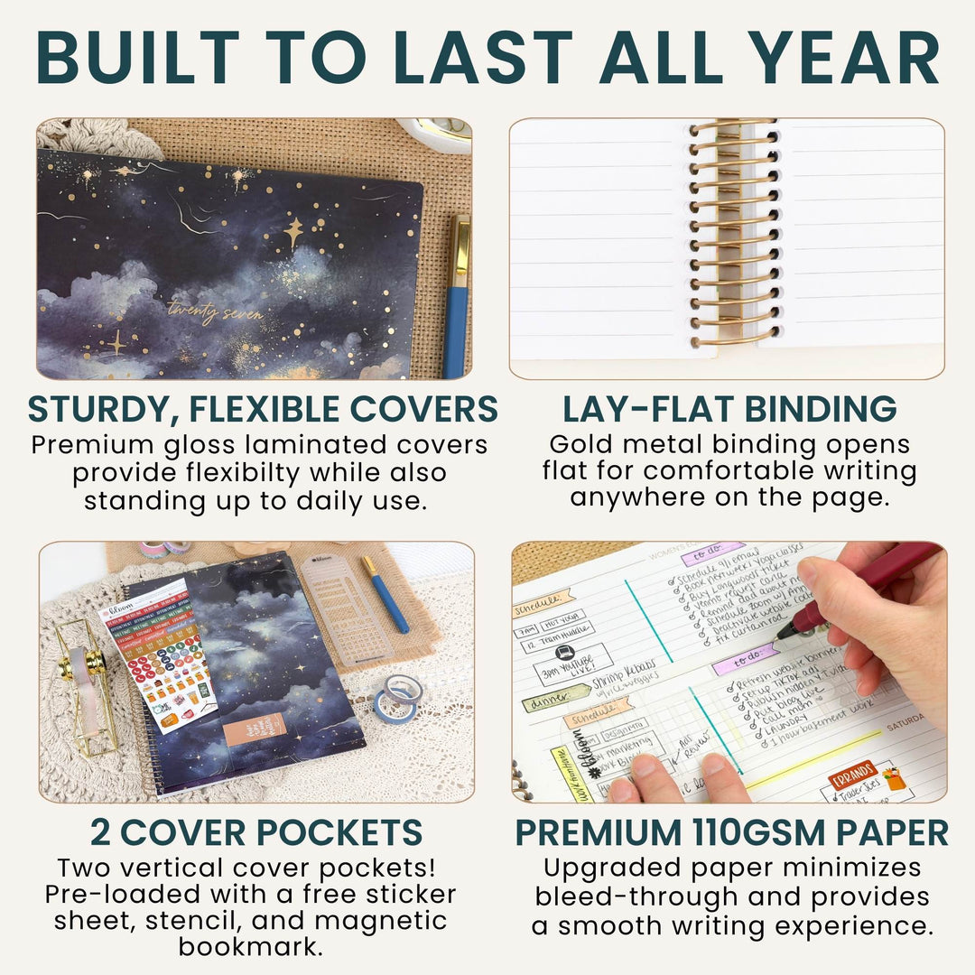 A 4-panel infographic detailing the features of a notebook, with the headline 'BUILT TO LAST ALL YEAR'. The panels show a dark galaxy-patterned cover, a spiral-bound notebook, two cover pockets with a sticker sheet and pen, and a hand writing in a lined notebook on premium 110 GSM paper.