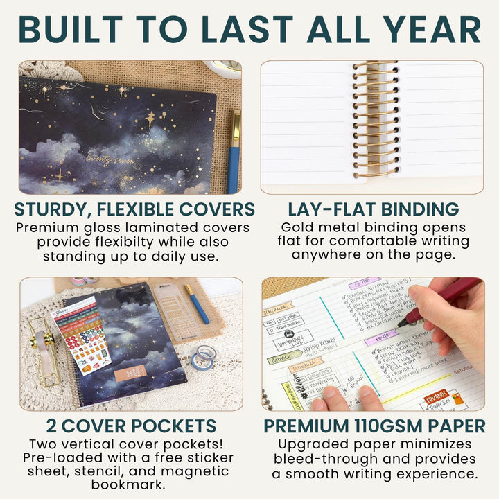A 4-panel infographic detailing the features of a notebook, with the headline 'BUILT TO LAST ALL YEAR'. The panels show a dark galaxy-patterned cover, a spiral-bound notebook, two cover pockets with a sticker sheet and pen, and a hand writing in a lined notebook on premium 110 GSM paper.