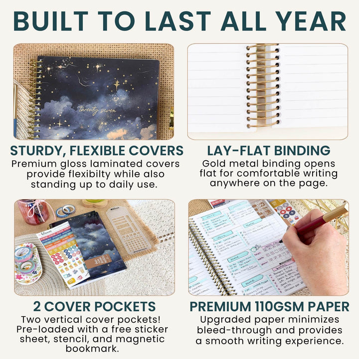 A 2x2 infographic showing features of a spiral notebook: 'BUILT TO LAST ALL YEAR' at the top. The quadrants show close-ups of the notebook covers, gold spiral binding, two cover pockets with a sticker sheet and pencil, and premium 110 GSM paper with a hand writing in one corner.