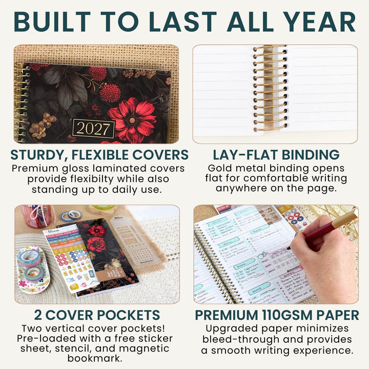 A 2x2 promotional infographic for a planner notebook, showing four feature callouts: a floral 2027 cover, gold spiral binding opened flat, sticker sheets and cover pockets, and premium paper with a hand writing. Large headline text at the top reads 'BUILT TO LAST ALL YEAR.