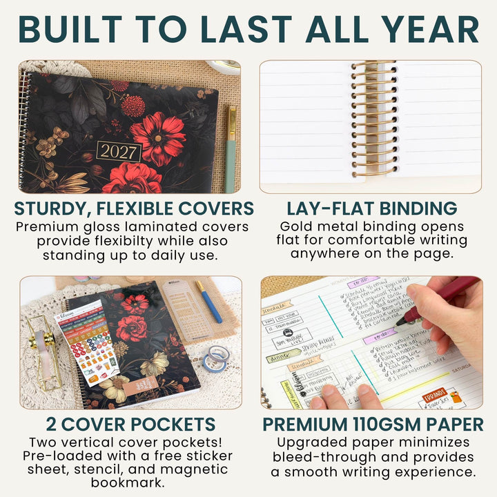 A 2x2 infographic showing features of a 2027 spiral-bound planner. The top-left panel shows the black floral cover of the planner on a beige surface.
