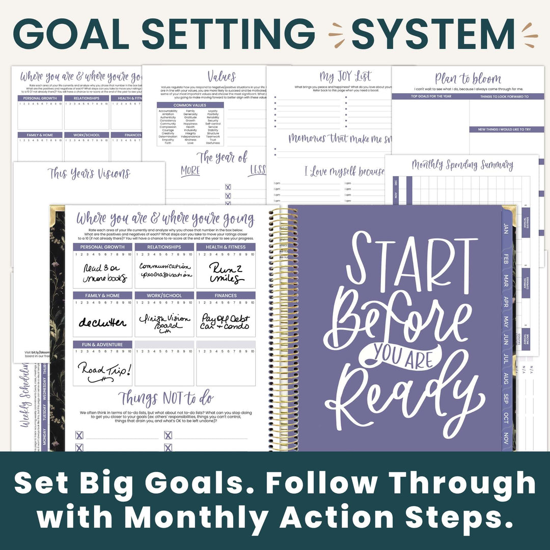 Goal setting system bundle featuring a purple spiral-bound planner with the text 'START Before YOU ARE Ready' and multiple white printable worksheets and trackers for goals, values, joy list, and monthly action steps.