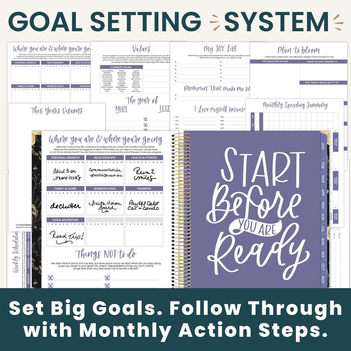 Goal setting system bundle featuring a purple spiral-bound planner with the text 'START Before YOU ARE Ready' and multiple white printable worksheets and trackers for goals, values, joy list, and monthly action steps.